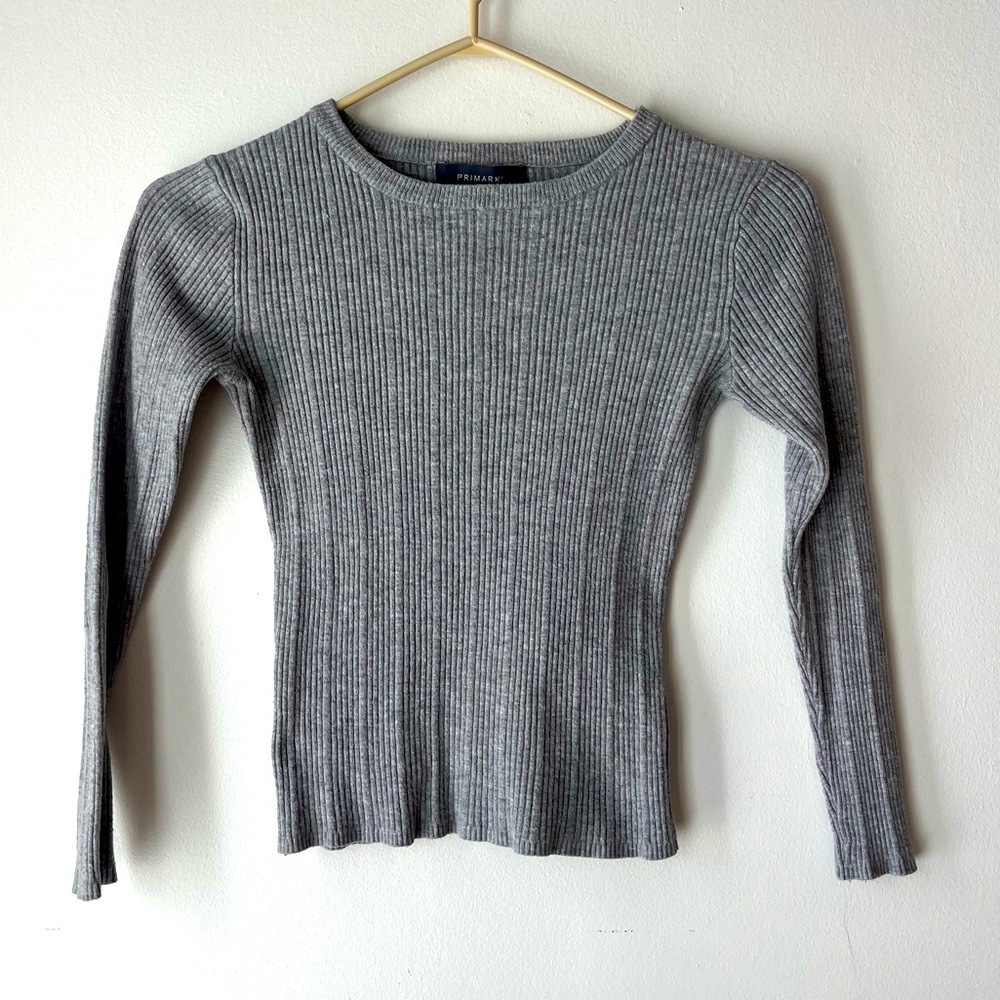 Primark 3/4 sleeve ribbed knit grey neutral cropped casual shirt women’s small
